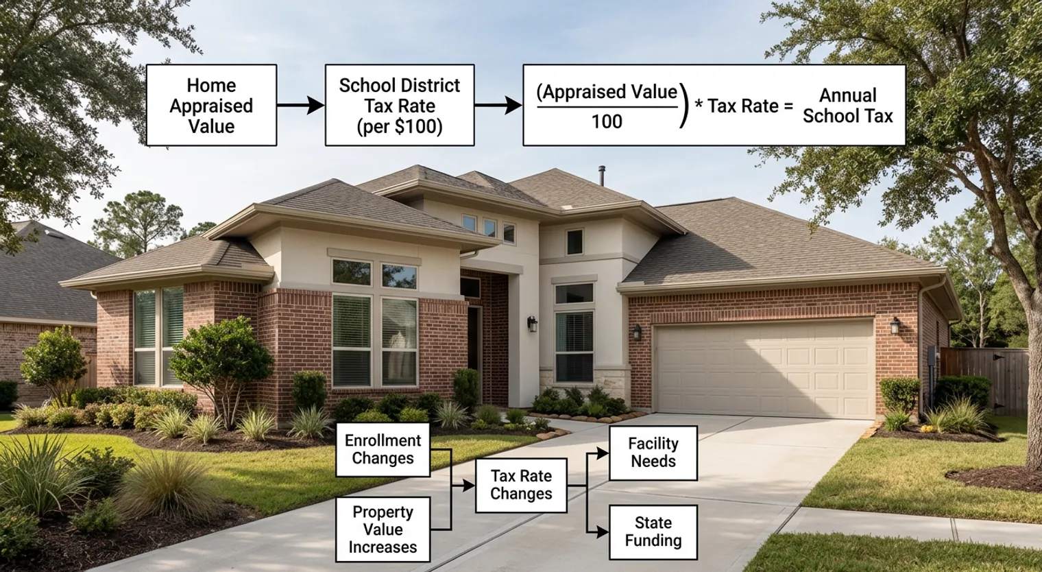 A process diagram showing how school district taxes are calculated: Home Appraised Value and School District Tax Rate lead to a formula (Appraised Value / 100) * Tax Rate = Annual School Tax. Below, key factors influencing tax rate changes are listed: Enrollme
