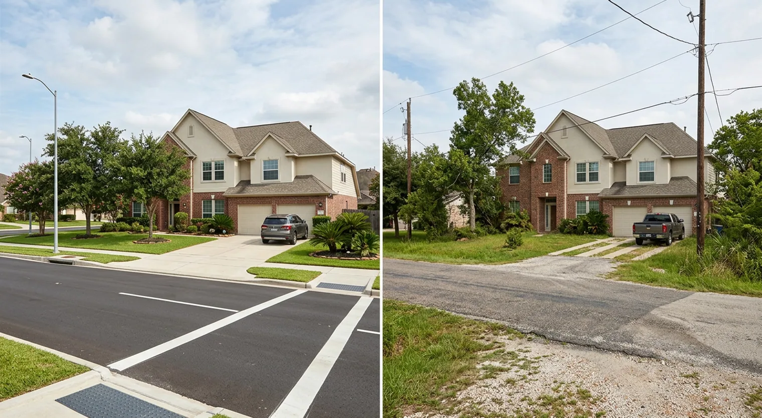 Comparison of two Greater Houston homes: one on a well-connected street showing higher value potential, and another in an isolated area with less developed infrastructure, illustrating the impact on property values.