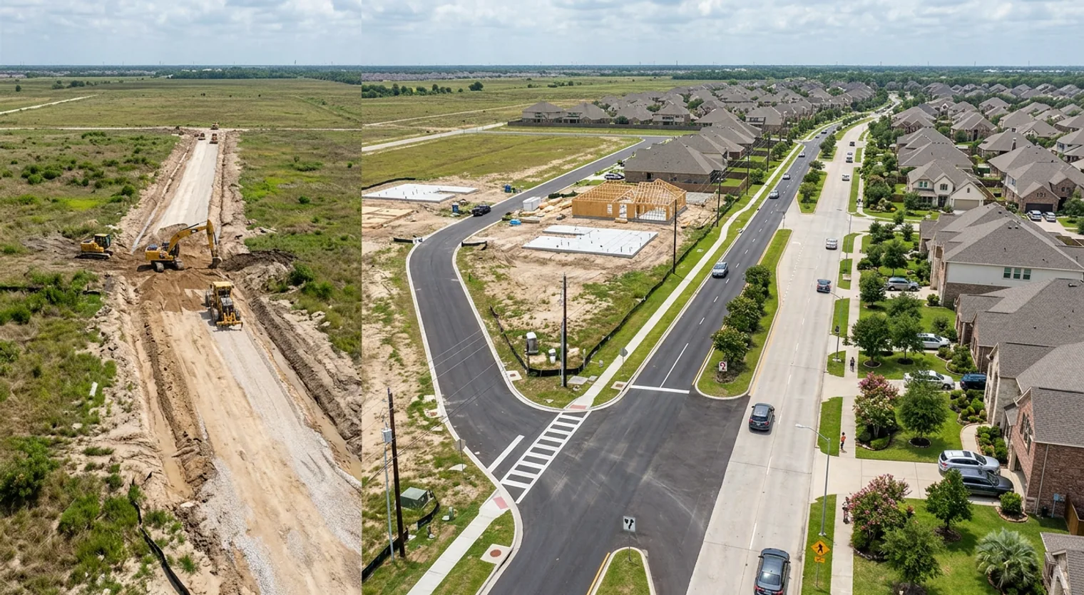 A three-panel sequence showing the transformation of an undeveloped Greater Houston area into a residential neighborhood, with new road construction driving the development process.