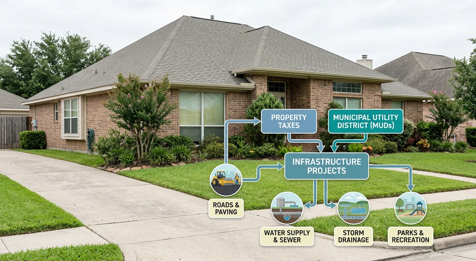 Conceptual diagram illustrating how homeowner property taxes and Municipal Utility District (MUD) funds flow to finance transportation and other public infrastructure projects.