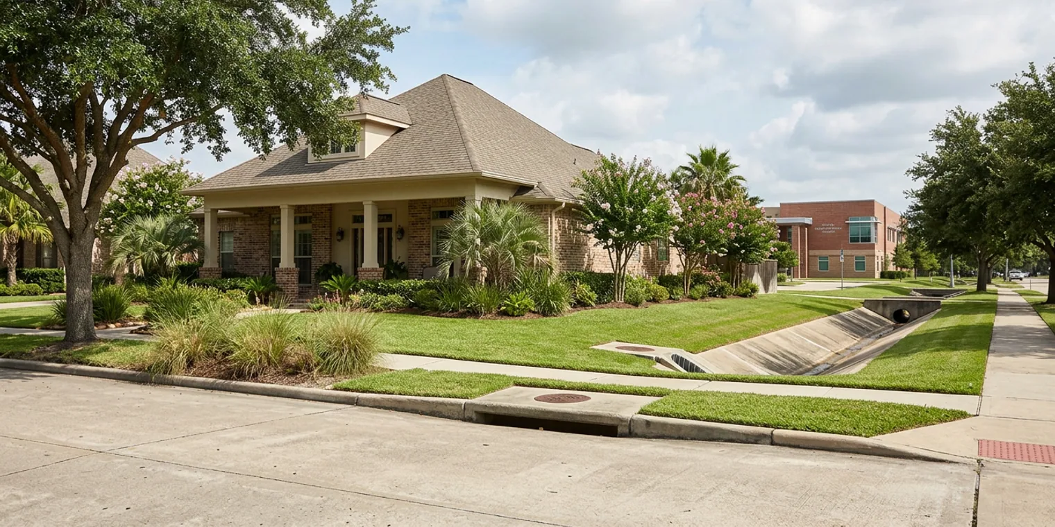 Conceptual illustration showing the interconnectedness of local government, schools, flood control, taxes, and a home in a suburban neighborhood.