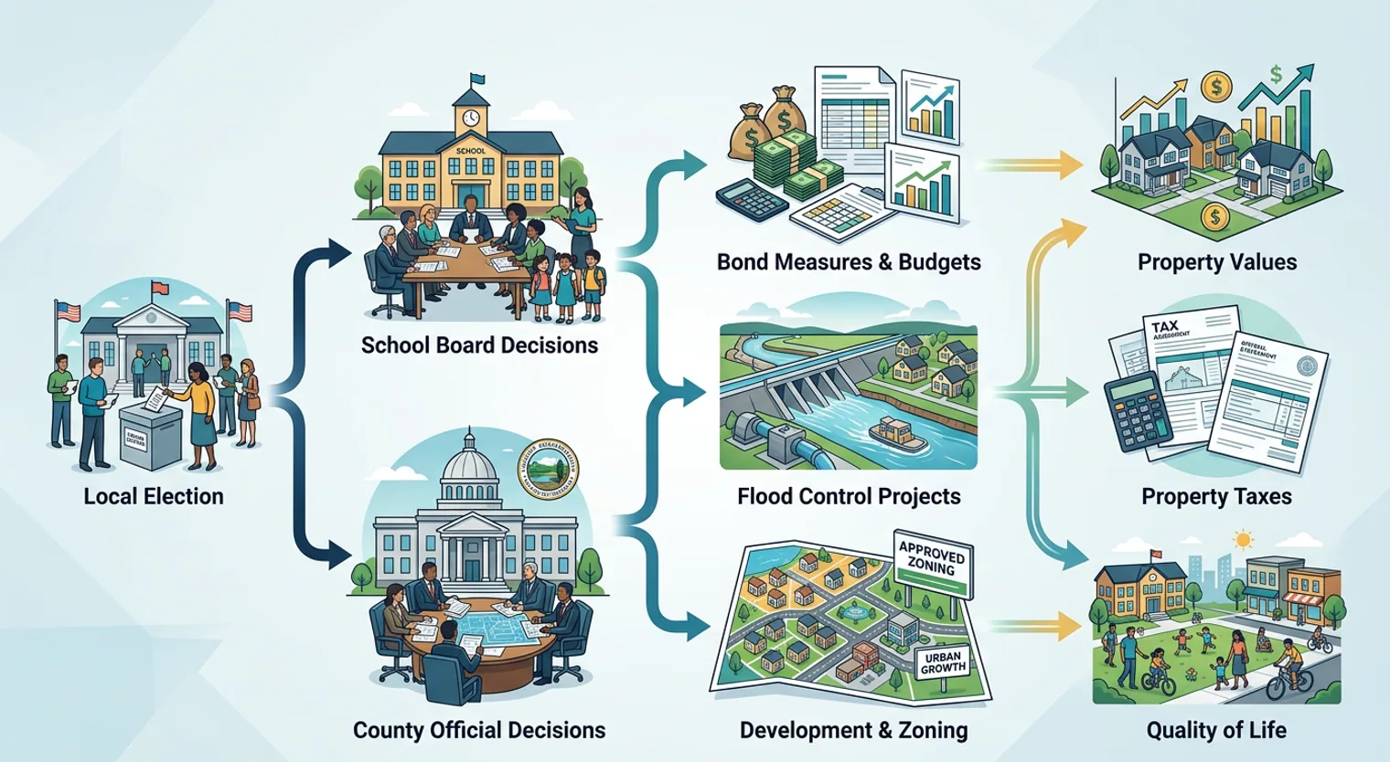 Process diagram showing how local elections lead to school board and county decisions, which then influence bond measures, flood control, and development, ultimately affecting property values, taxes, and quality of life.