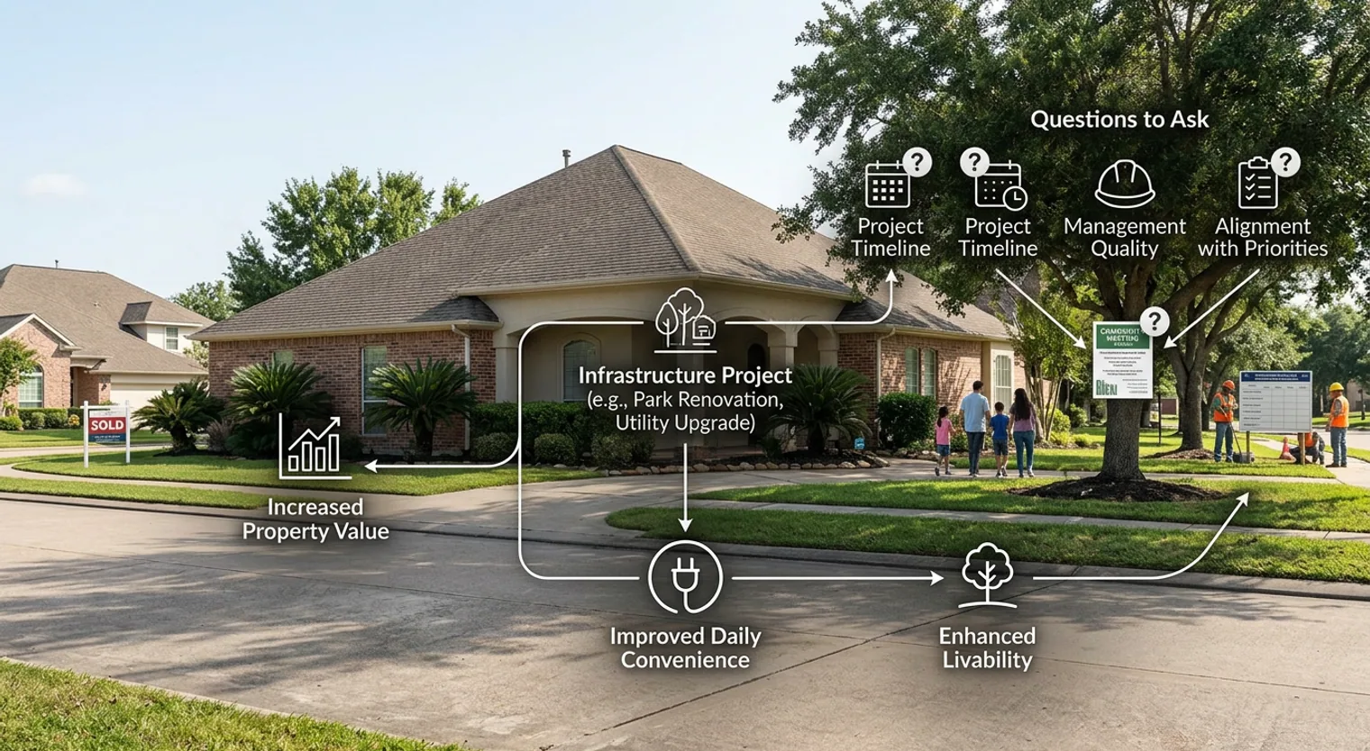 Process diagram showing how infrastructure projects lead to increased property value, improved daily convenience, and enhanced livability, with key questions homeowners should ask about timelines and management.
