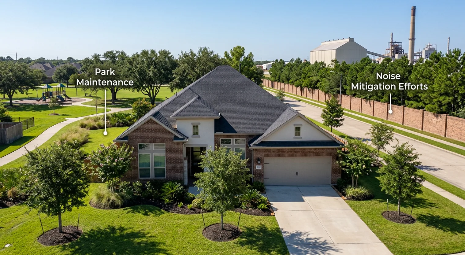 Architectural photograph of a Houston-area home with a well-maintained park and subtle industrial facility in the background, annotated to show park maintenance and noise mitigation efforts.