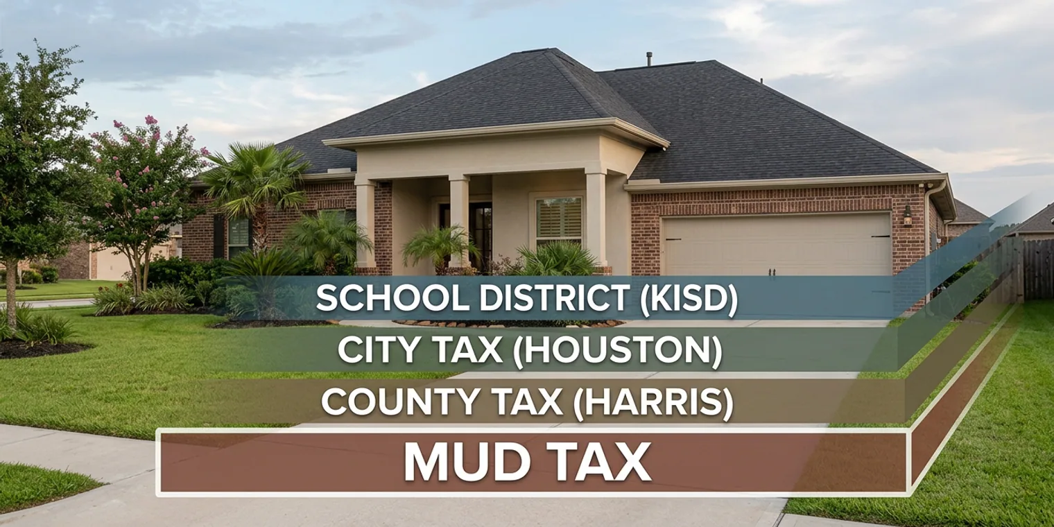A modern West Houston home with overlaid financial layers showing County, School, City, and MUD taxes, illustrating the cumulative cost of property ownership.