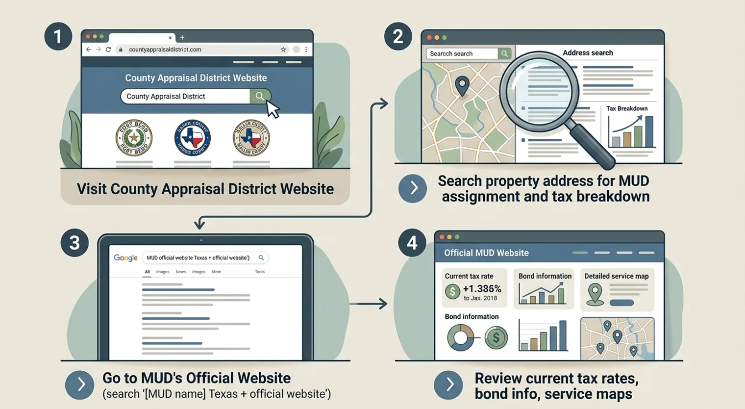 Step-by-step guide to finding MUD information: Start with county appraisal district, find MUD assignment, then visit MUD's official website for details.