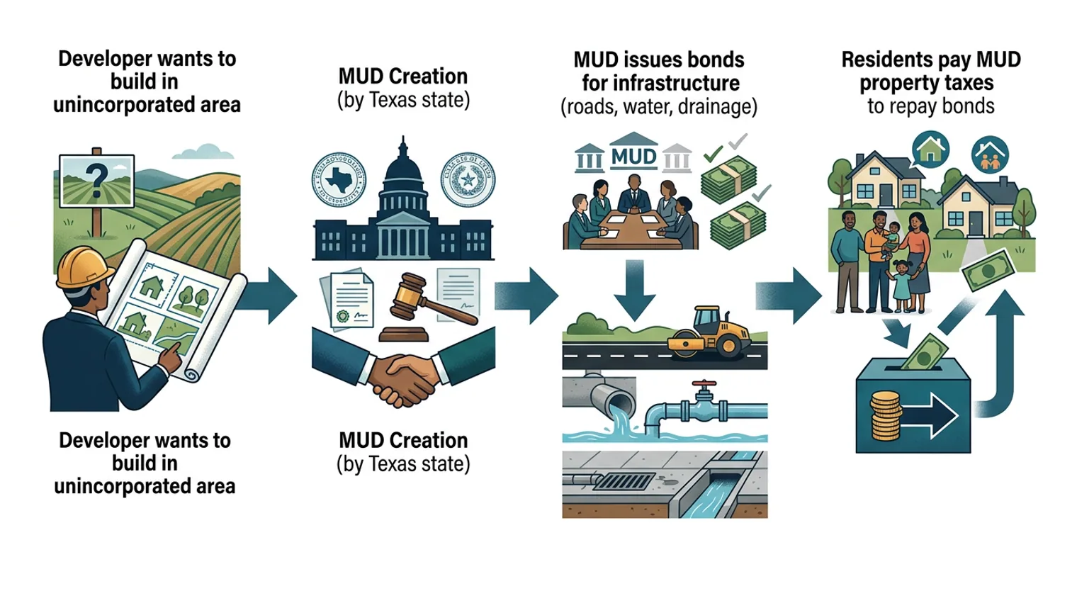 Process diagram showing MUD creation: Developer initiates, MUD formed, bonds issued for infrastructure, and residents' property taxes repay bonds.