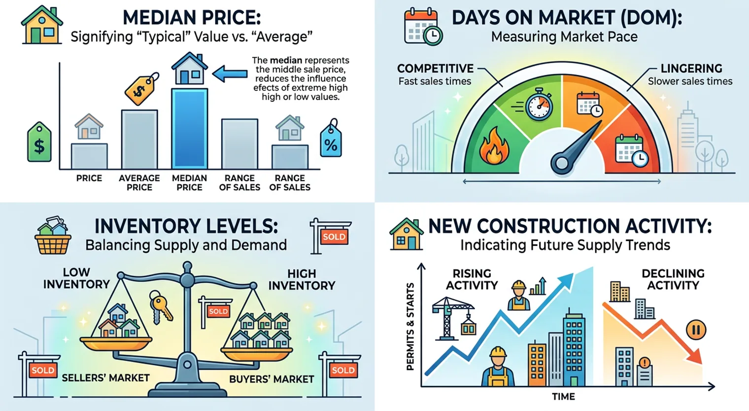 A four-panel comparison visual detailing key real estate market indicators: median price versus average, competitive versus lingering days on market, low versus high inventory levels favoring sellers or buyers, and rising versus declining new construction acti