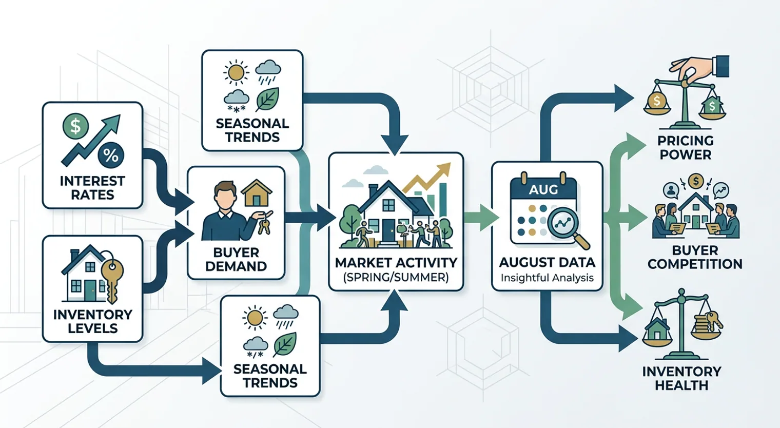A process diagram illustrating the real estate market cycle, showing how interest rates, inventory, buyer demand, and seasonal trends feed into market activity, which is then reflected in August's data, influencing pricing, competition, and inventory health.
