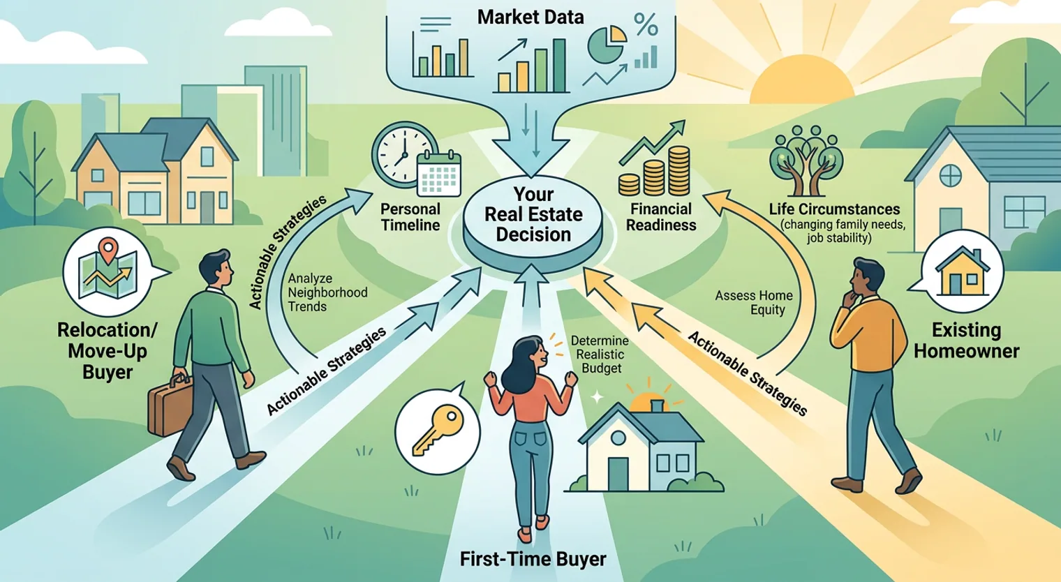 A conceptual illustration showing three figures representing different real estate roles—relocation buyer, first-time buyer, and existing homeowner—on separate paths converging towards a central 'Real Estate Decision'. The decision is guided by personal timeli