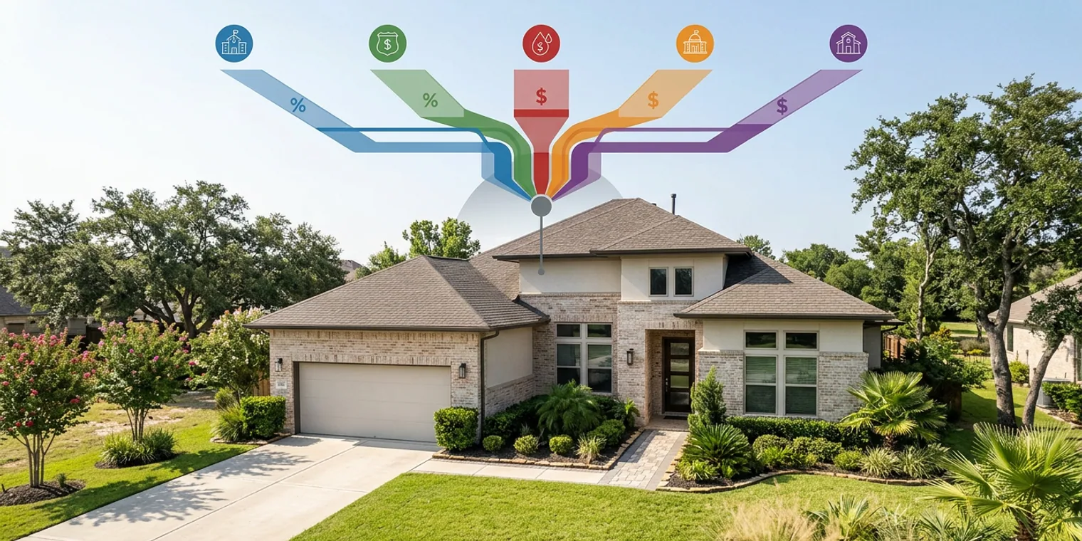 A photorealistic architectural photograph of a West Houston home with an infographic overlay showing different colored segments representing school districts, county, MUDs, city, and special districts, illustrating how multiple entities contribute to a propert