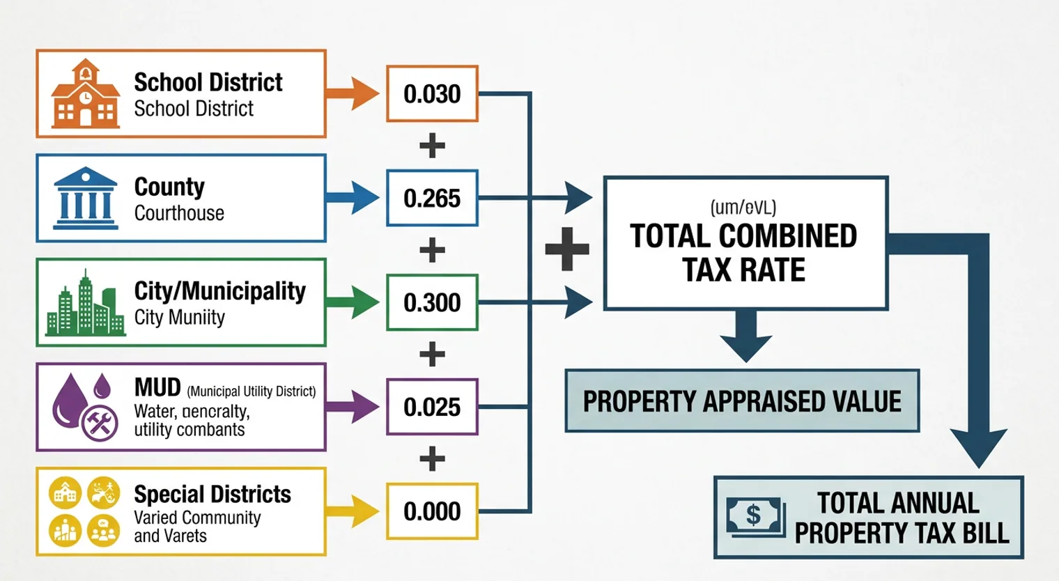 A process diagram showing individual taxing entities like school districts, county, MUDs, and cities, each with their own tax rate, converging to a combined total tax rate applied to a property's appraised value to calculate the final property tax bill.