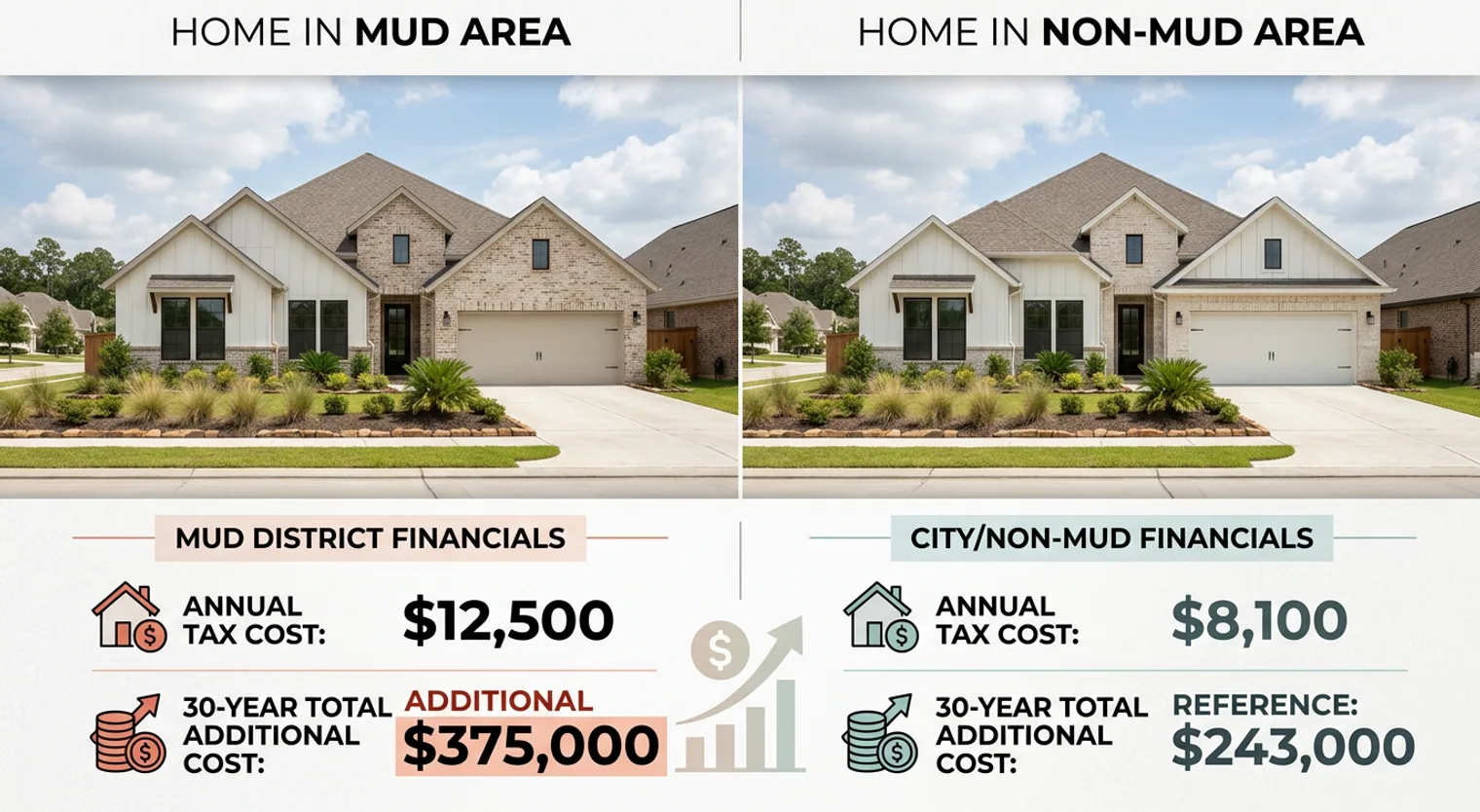 A comparison visual of two identical West Houston homes. One is labeled 'Home in MUD Area' with higher annual and 30-year tax costs, while the other is 'Home in Non-MUD Area' with lower costs, illustrating the financial impact of MUD districts.