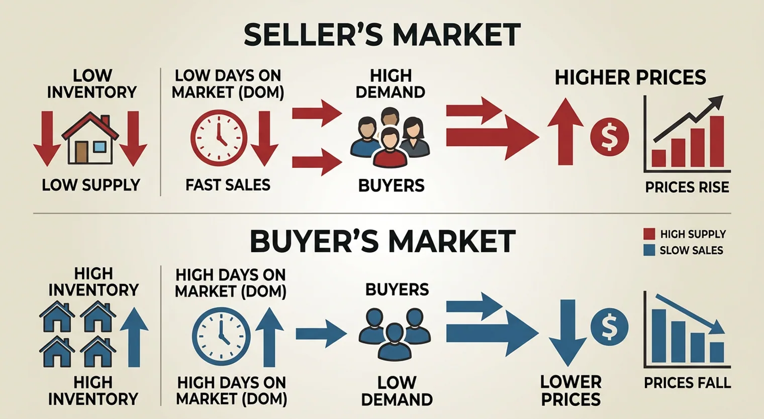 Process diagram showing the interrelationship between Days on Market, inventory levels, and price trends in a real estate market, indicating how these factors influence buyer and seller advantage.
