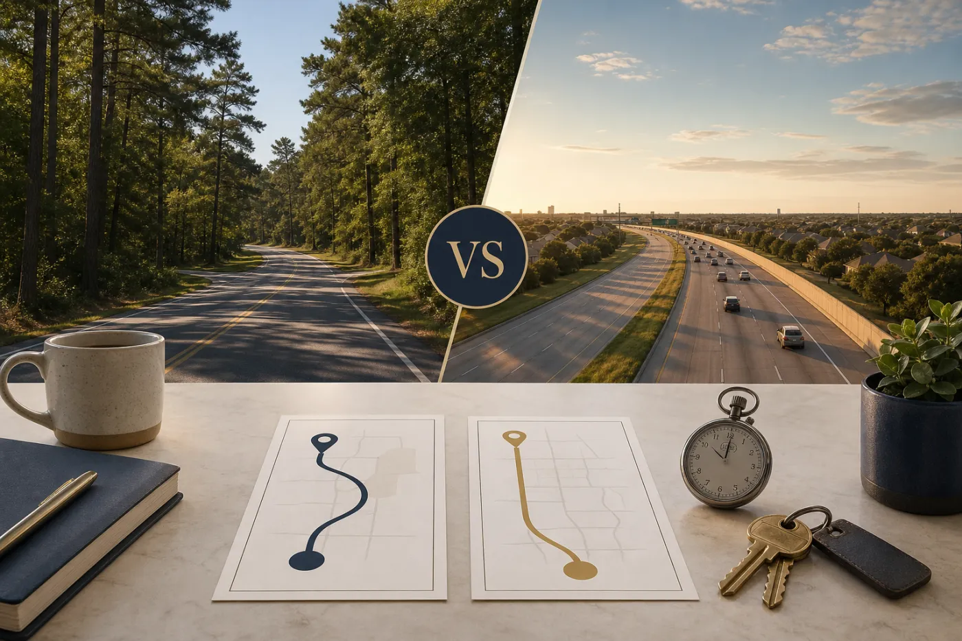 Wooded Cypress-area access and Katy-area freeway access compared with route cards and a timer