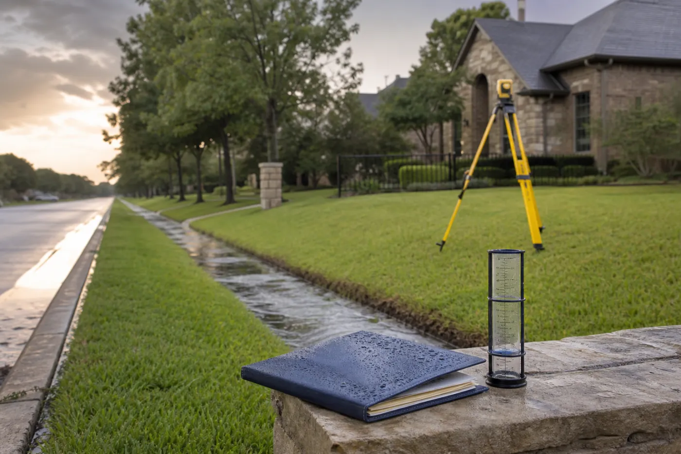 A residential drainage swale, rain gauge and survey equipment used for property-level flood diligence