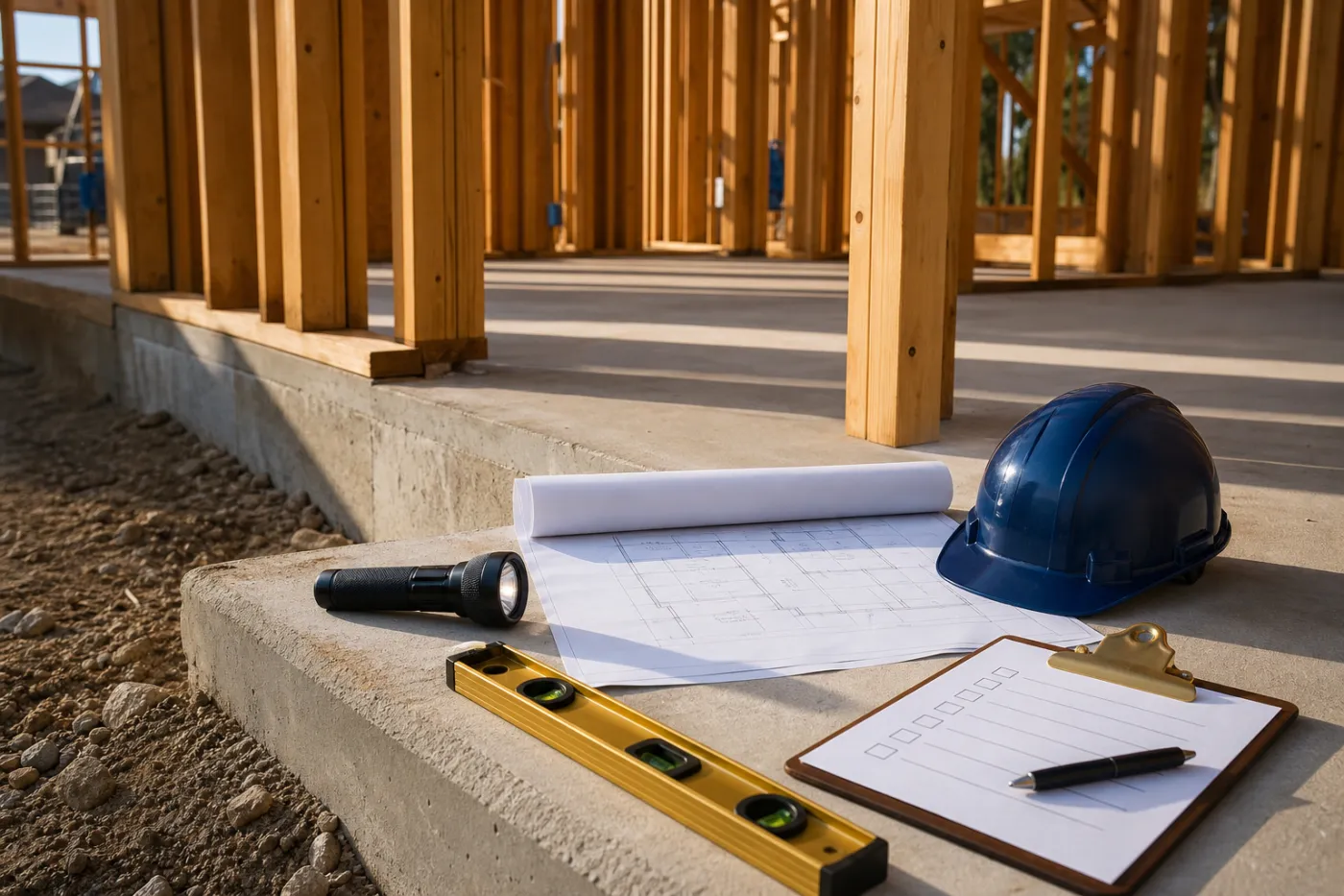 Framing, plans and inspection tools at a Fulshear-area new-home construction site