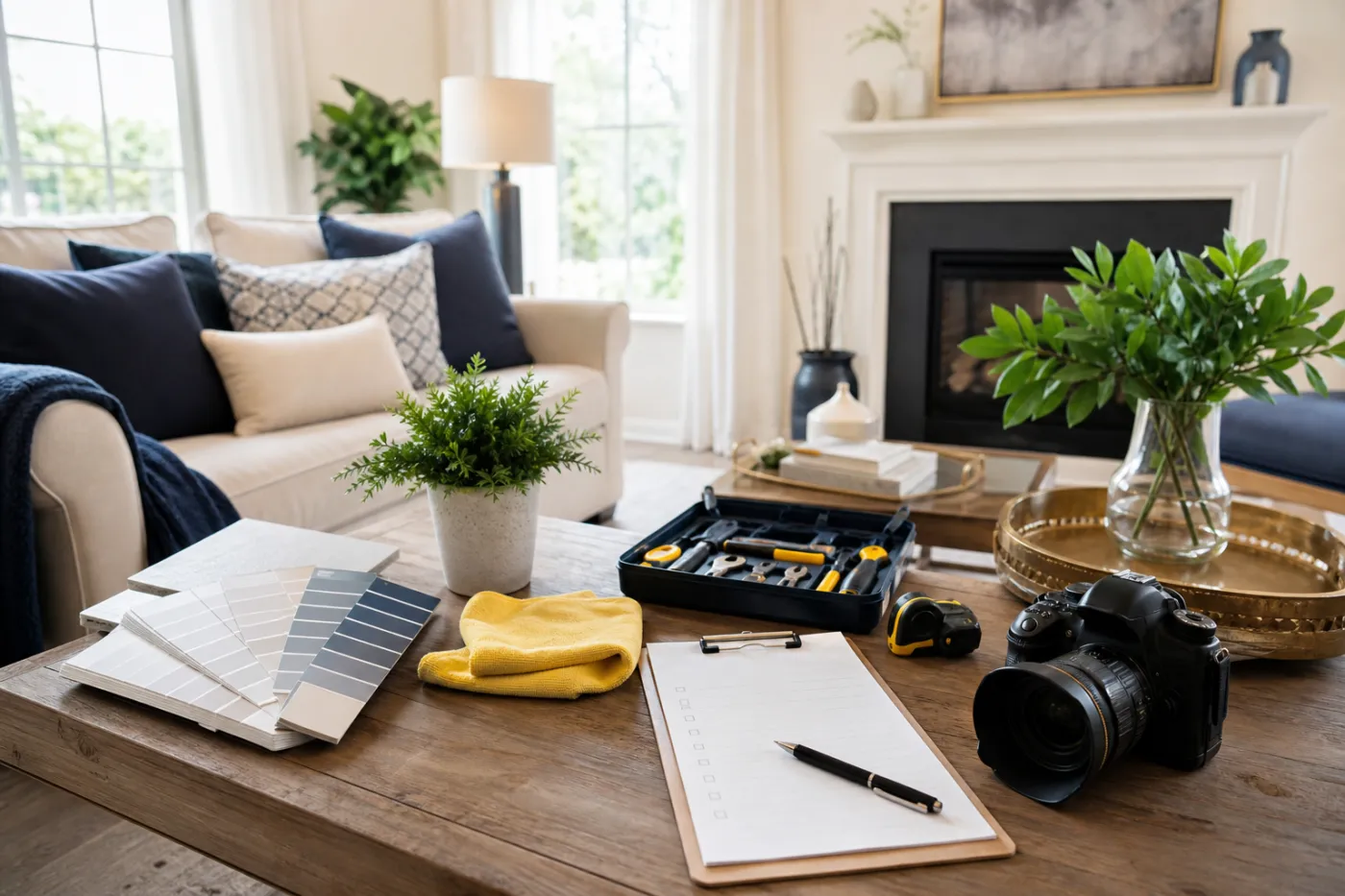 A staged living room with repair tools, paint samples, checklist and camera before a home sale