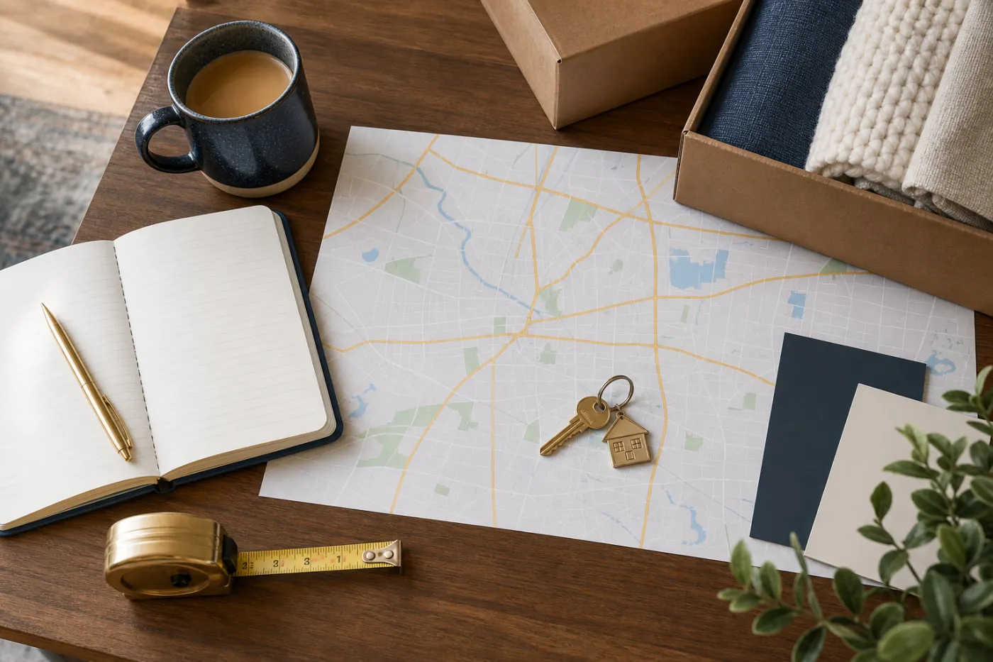 A Katy relocation plan with an abstract road map, house keys, notebook and moving materials