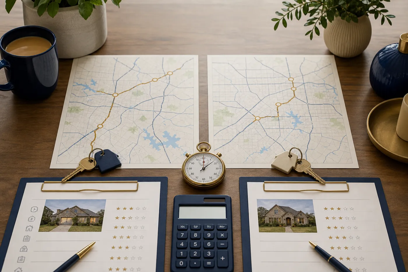 Two route maps, home keys and equal-budget worksheets for comparing Katy and Sugar Land