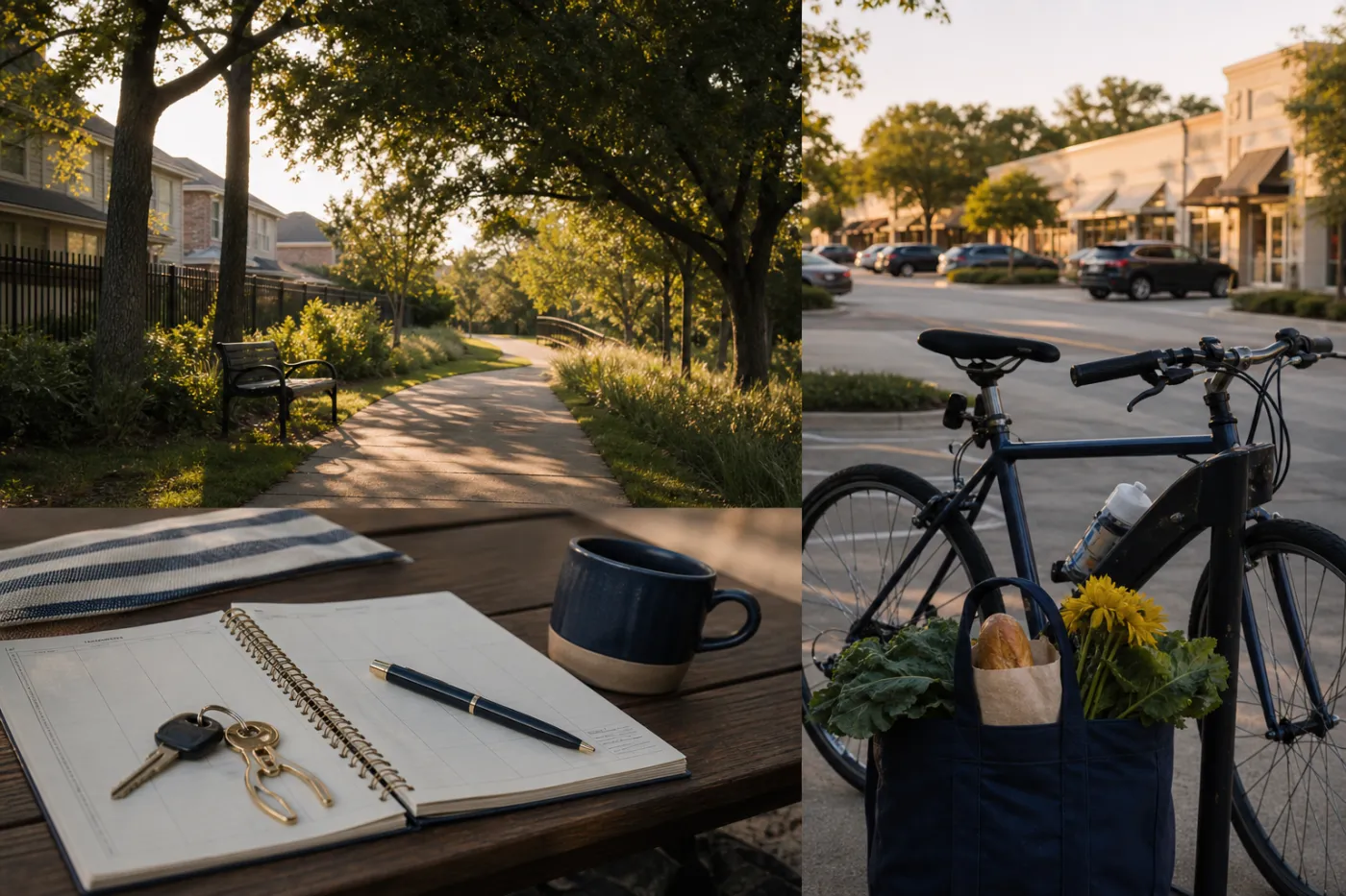 Neighborhood trails, local errands and weekly planning representing everyday life in West Houston